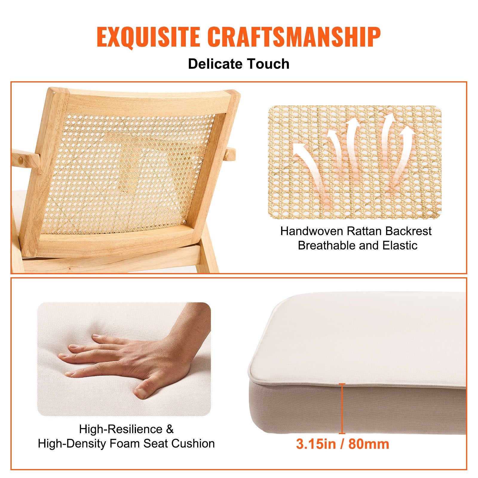 Mid-Century Modern Rattan Chair Velvet Upholstered Accent Chair Beige