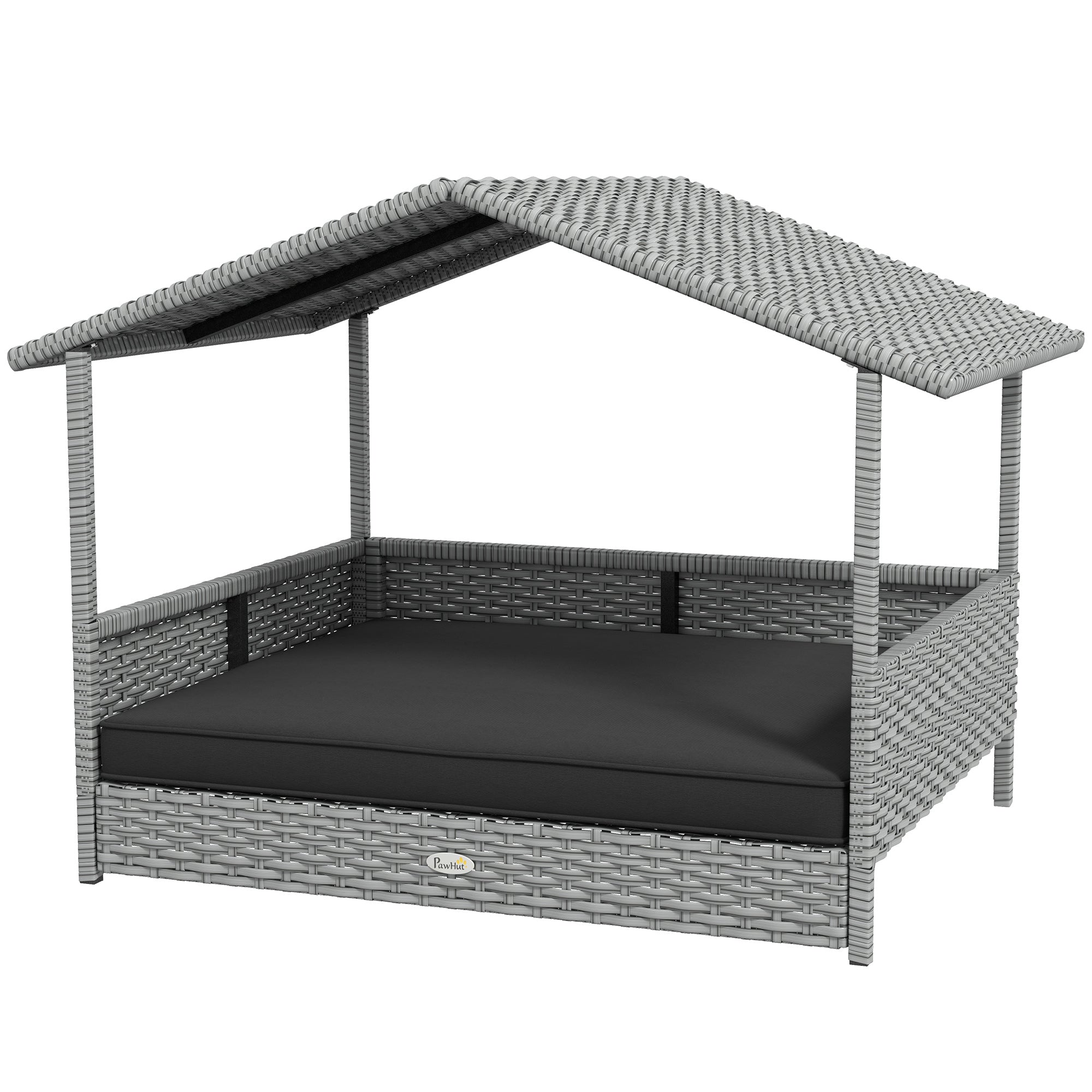 Outdoor Wicker Dog House w/ Canopy, Rattan Raised Bed, Gray Cushion