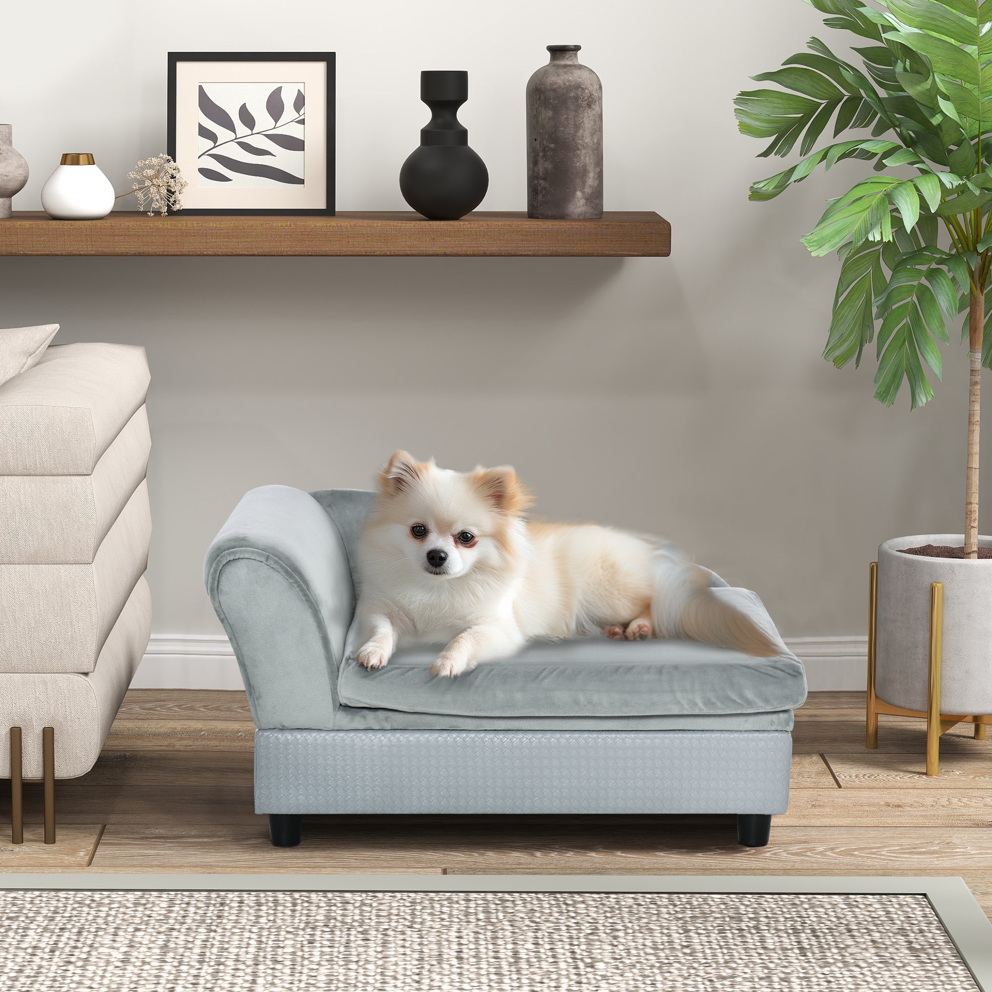 Luxury Dog Couch with Hidden Storage, Small Sofa Bed 2" Foam, Pale Gray