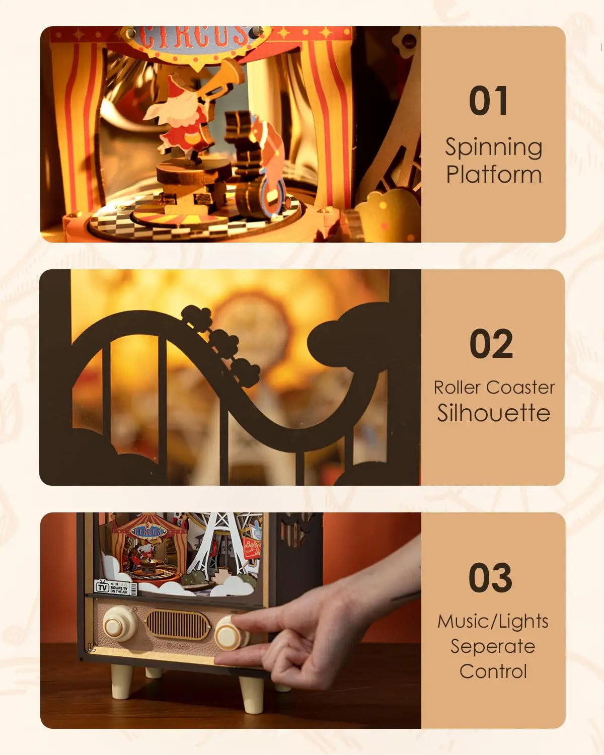 Robotime Rolife Sunset Carnival Music Box with Lights, 3D Wooden Puzzle Toy & Home Decor