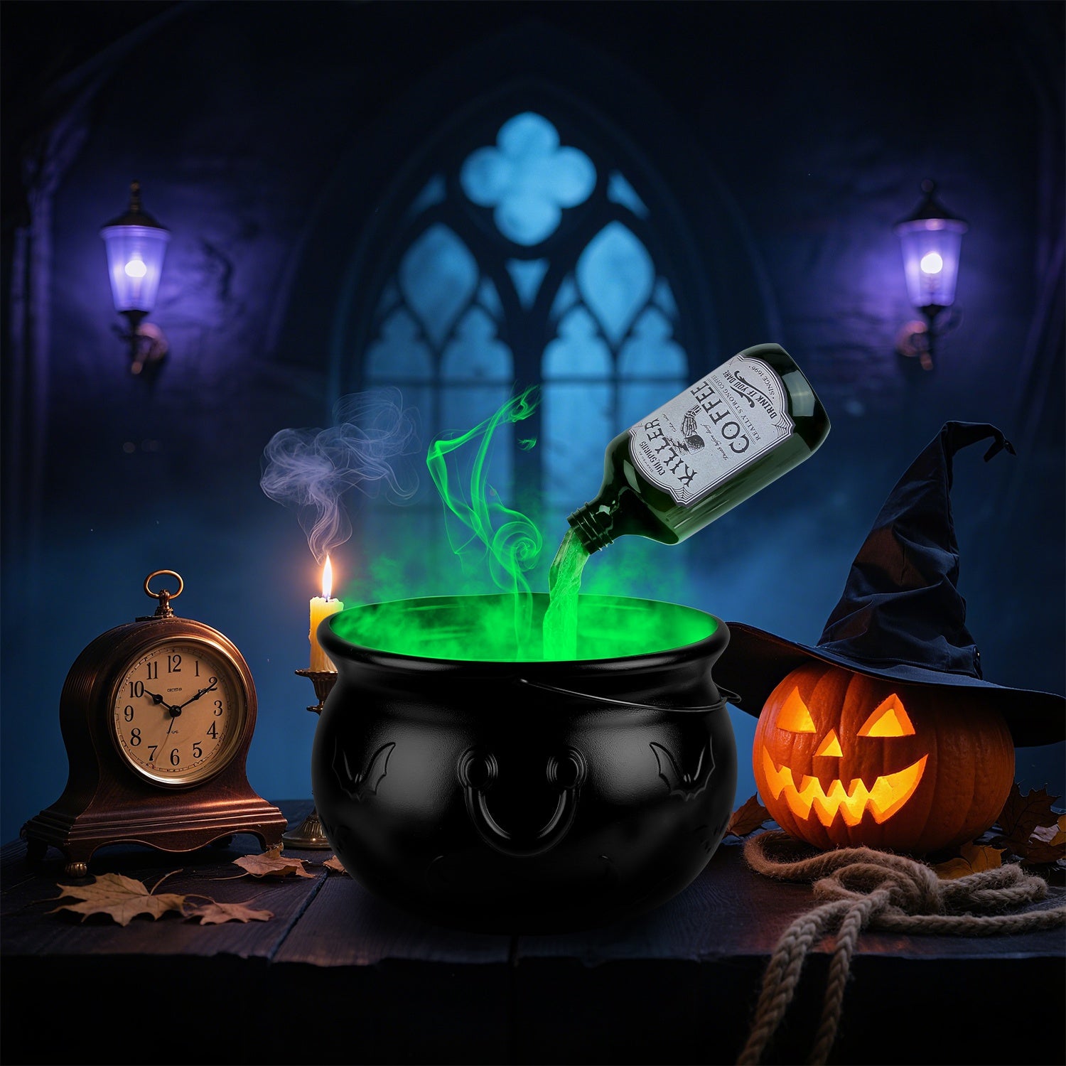 Halloween Decorations Floating Bottle Set With Witches Cauldron And Mist Maker With Green Light Spooky Vintage Party Decorations For Indoor Home Kitchen Living Room Entry Table