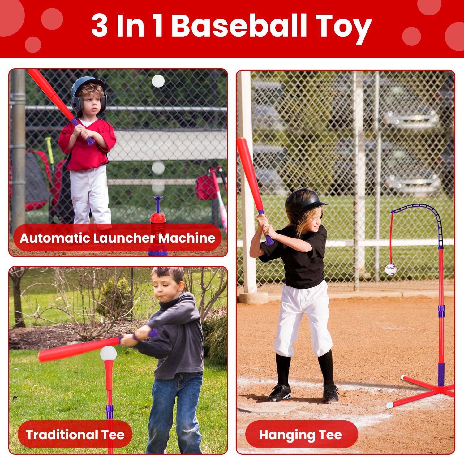 1Set 3 In 1 Baseball Toy Set For 3 To 5Years Old Kids And Toddlers Includes Tee Ball Stand Hanging Tee Automatic Ball Launcher With Adjustable Height For Indoor Outdoor Play Perfect Gift