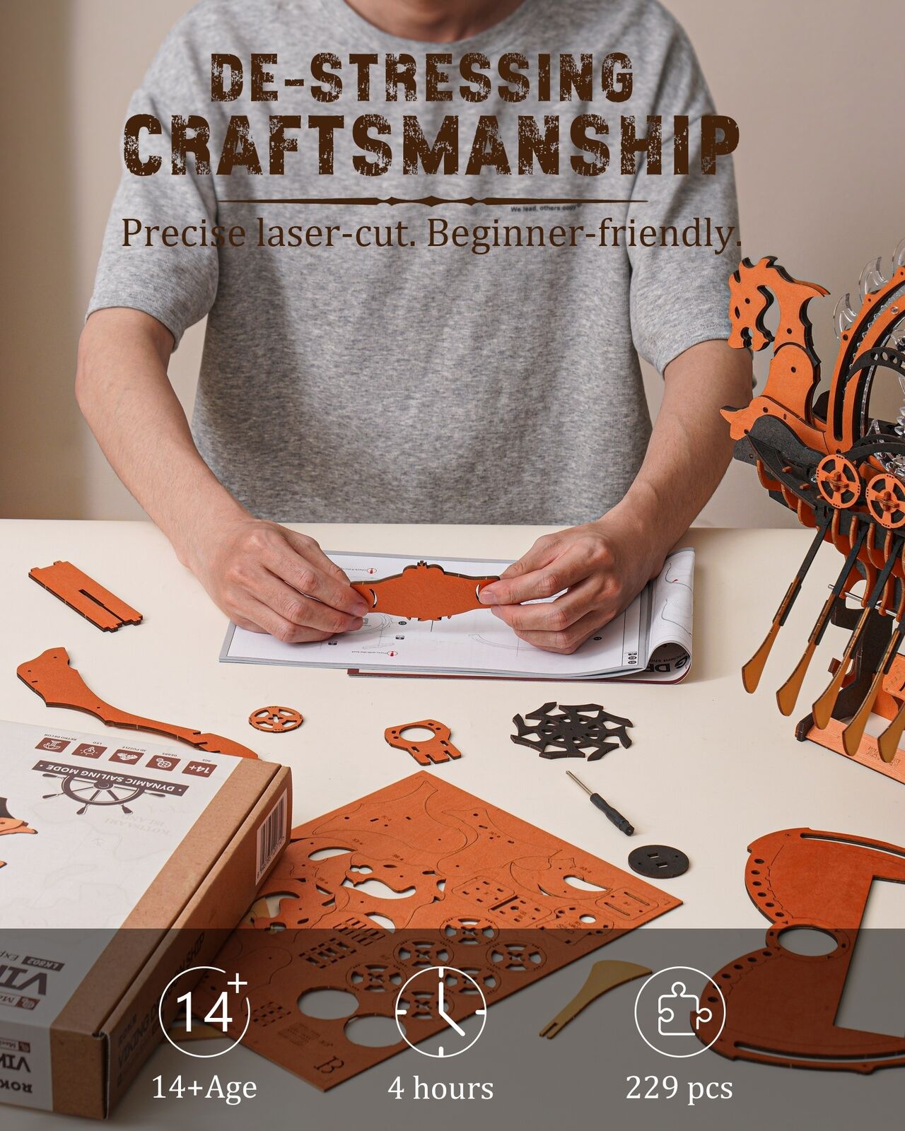 ROKR Dragon Boat Electric 3D Wooden Puzzle Toy, Mechanical Game Gift for Teens