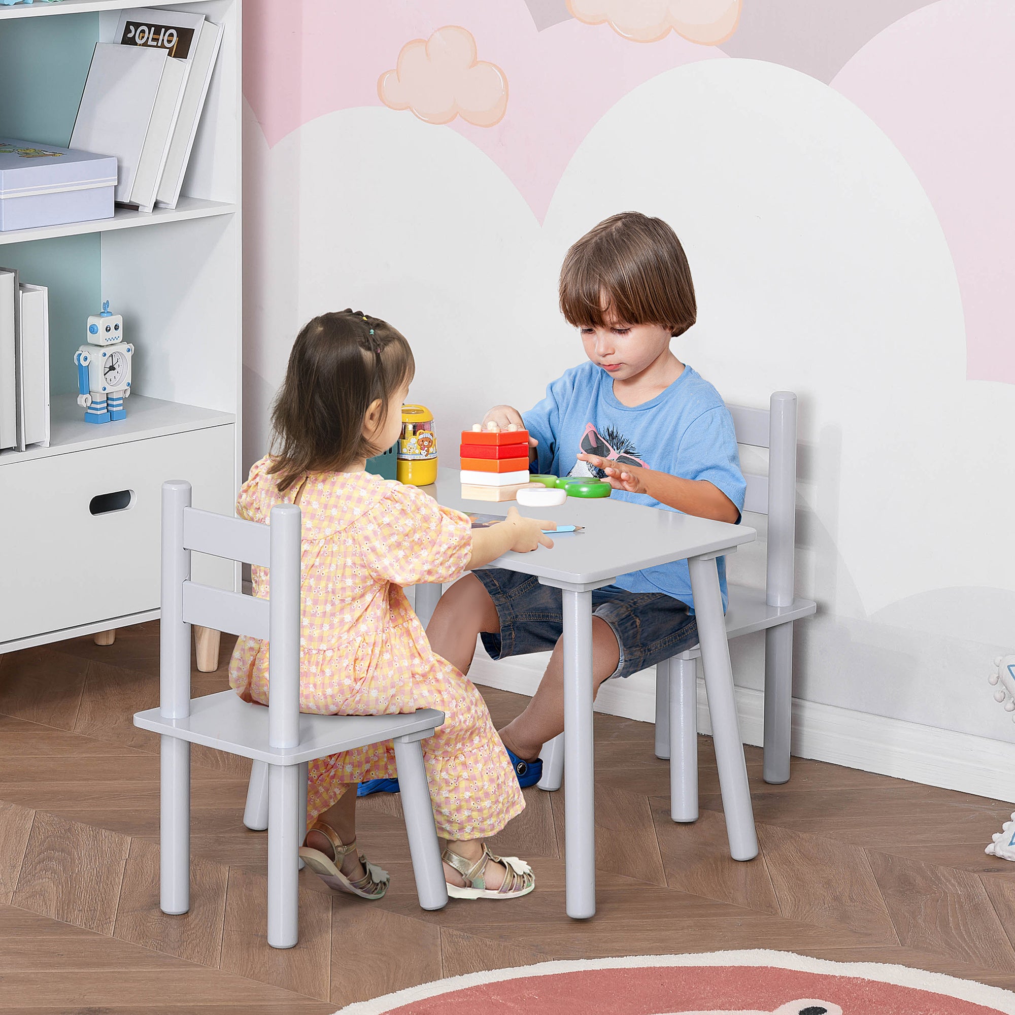 Kids Wooden Table and Chair Set, Play Activity Table for Arts, Crafts, Dinning, and Reading for Toddlers Age 2 to 5, Grey