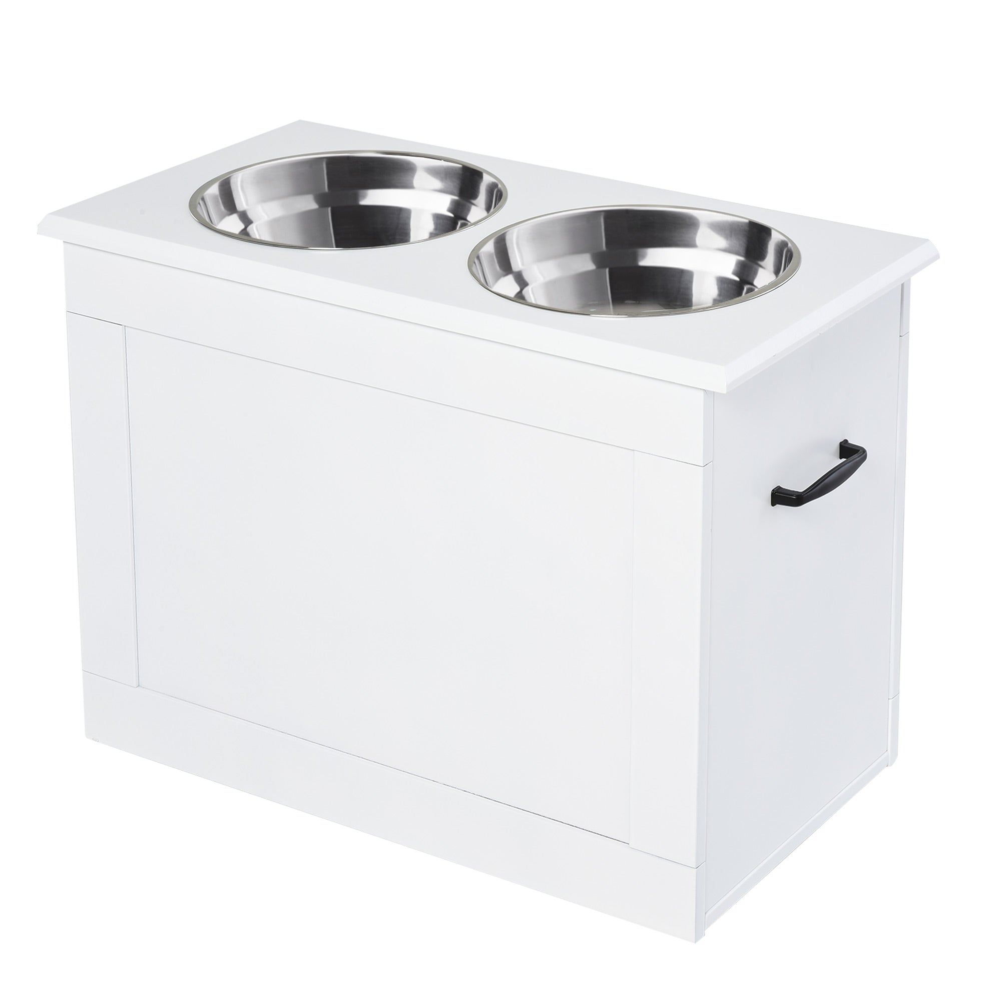 PawHut Raised Dog Bowls with Storage, 2 Stainless Steel Bowls, White