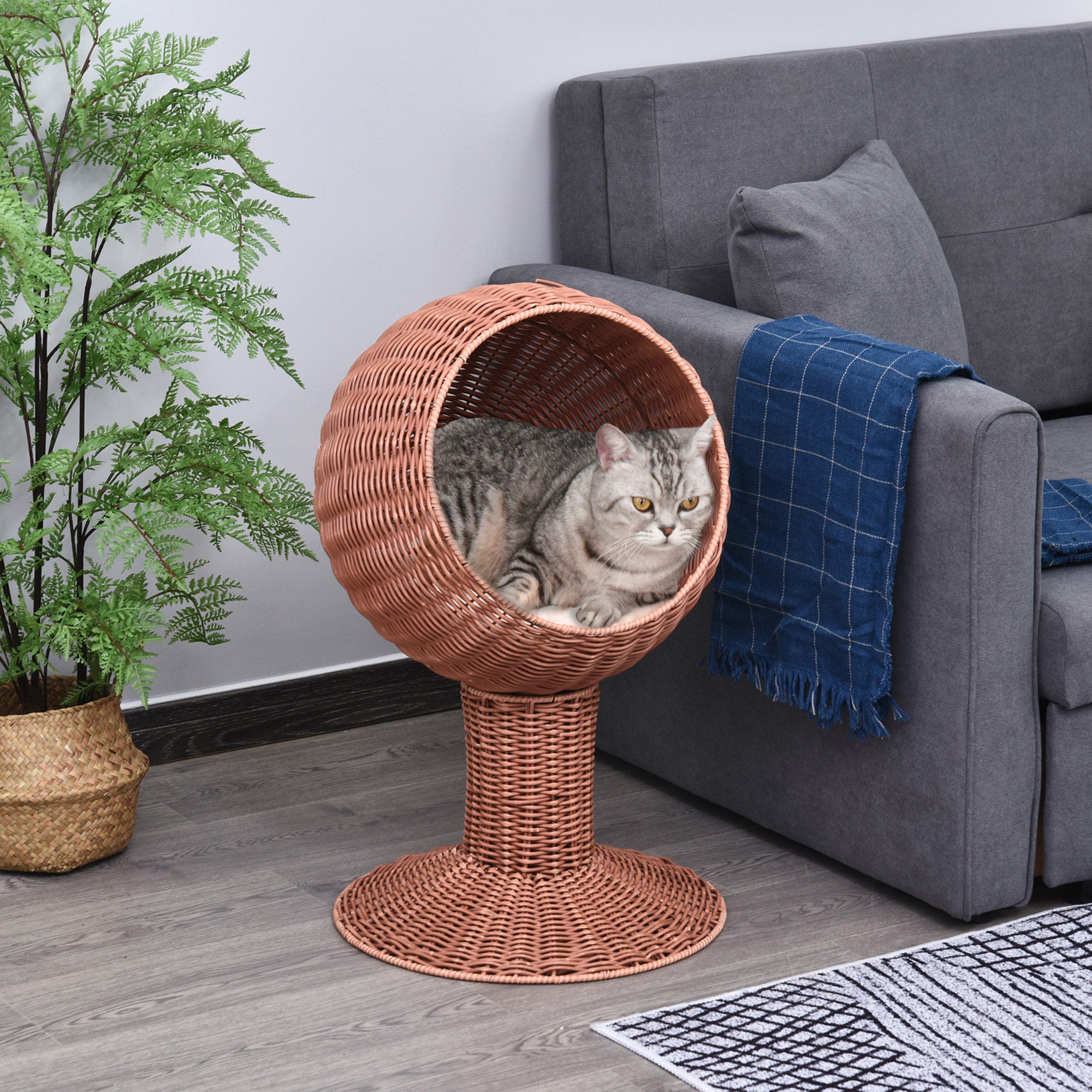 Elevated Cat Bed Egg Chair Pod, Woven Basket with Thick Cushion, Brown