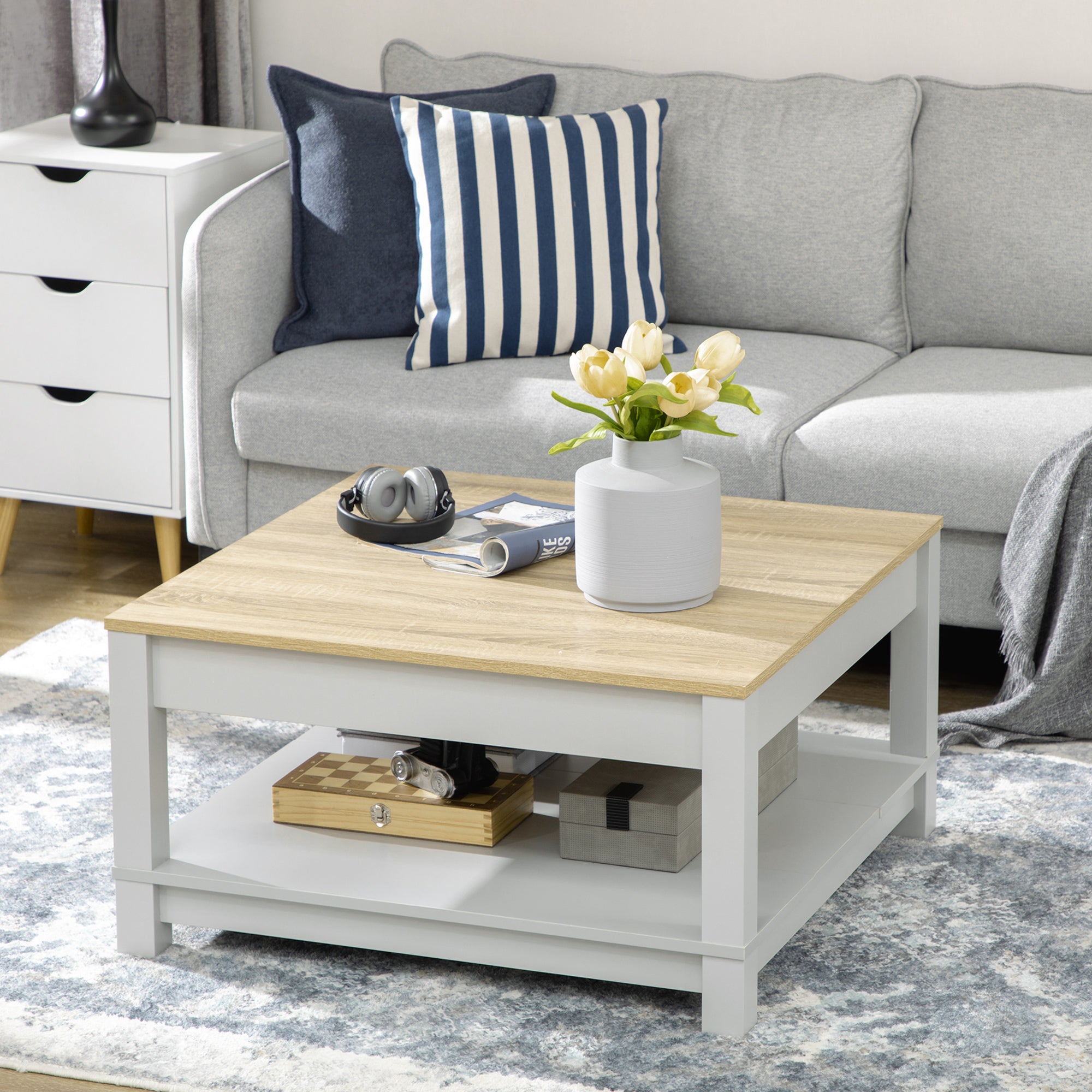 Square Coffee Table with Storage for Living Room, Natural/Gray