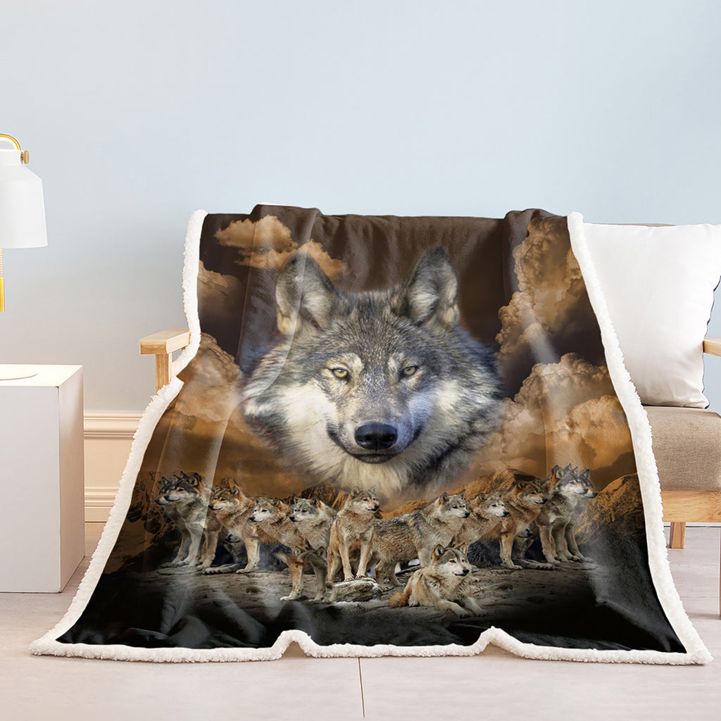 Cozy Wolf Sherpa Fleece Blanket – Soft Plush for Bed, Couch, Chair