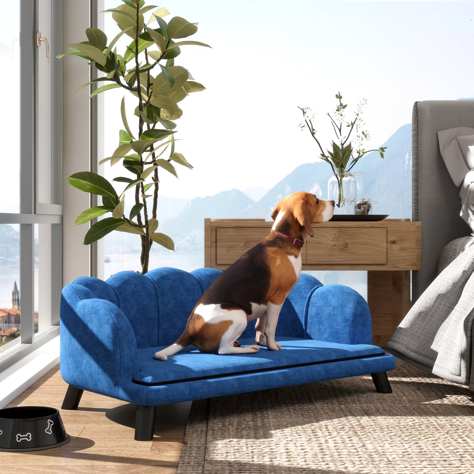 Pearl Design Pet Sofa Bed with Cushion & Solid Wood Legs, Dark Blue