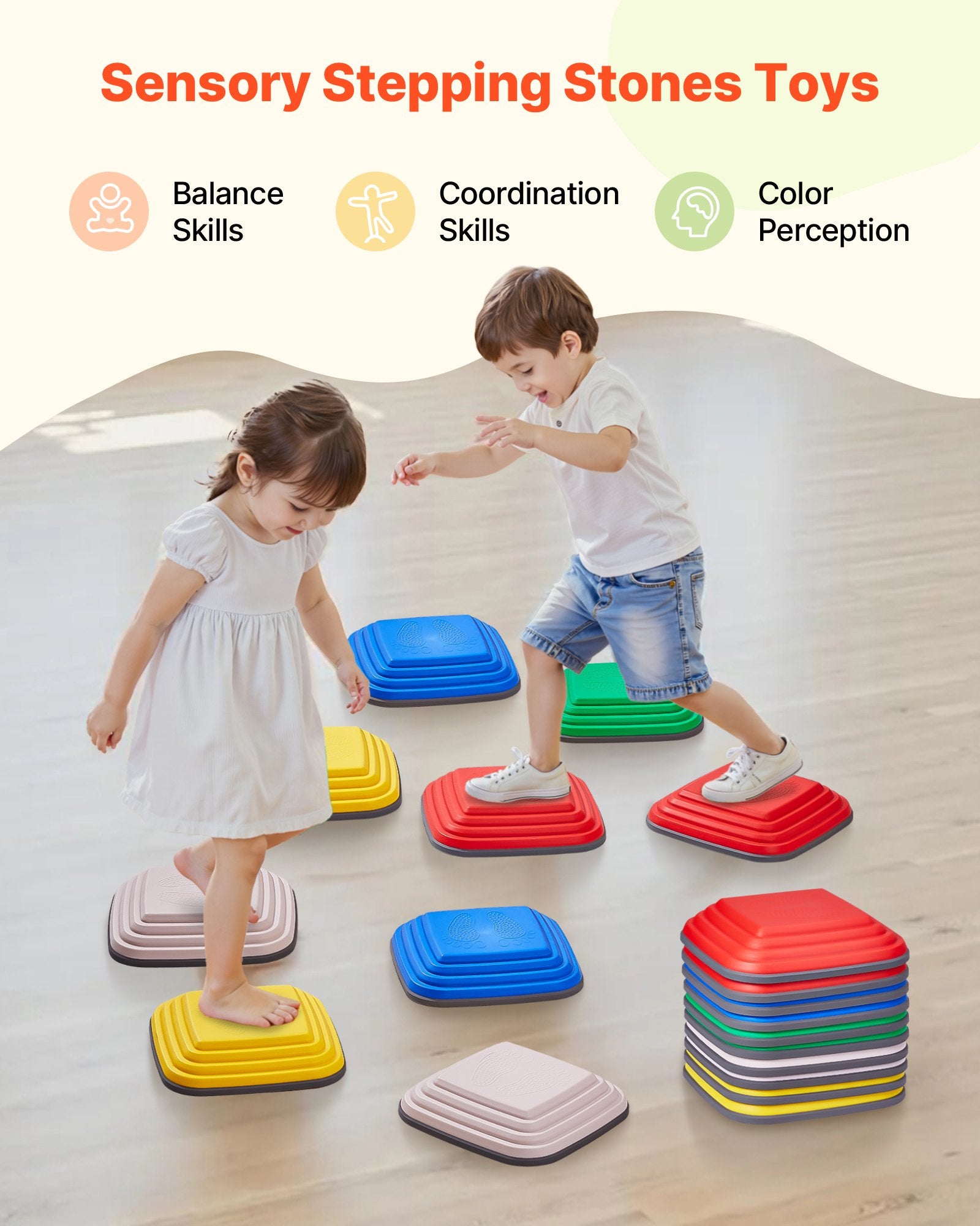 Balance Stepping Stones For Kids, 10 PCS, Up To 220 Lbs, Non-Slip Toddlers Sensory Stepping Stones, Obstacle Course Coordination Game Toys Indoor Or Outdoor Play For Children Aged 3 4 5 6 7 8+