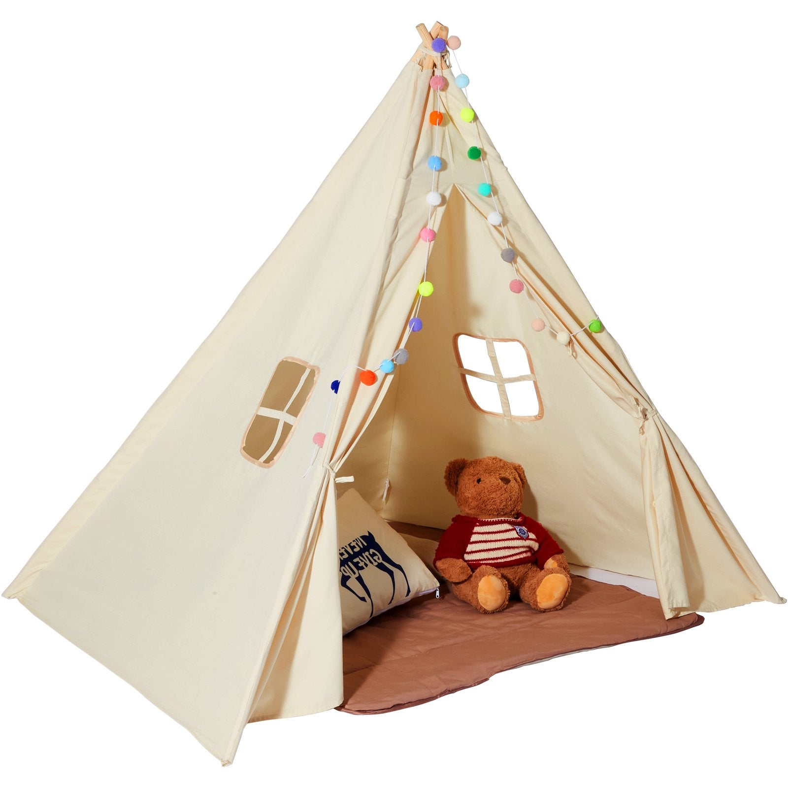 Kids Play Tent, Teepee Tent For Kids 1-5 Years Old, Tent For Kids With Windows For Indoor And Outdoor, Toddler Tent With Mat And Plush Decorative Balls, For Boys And Girls, Beige