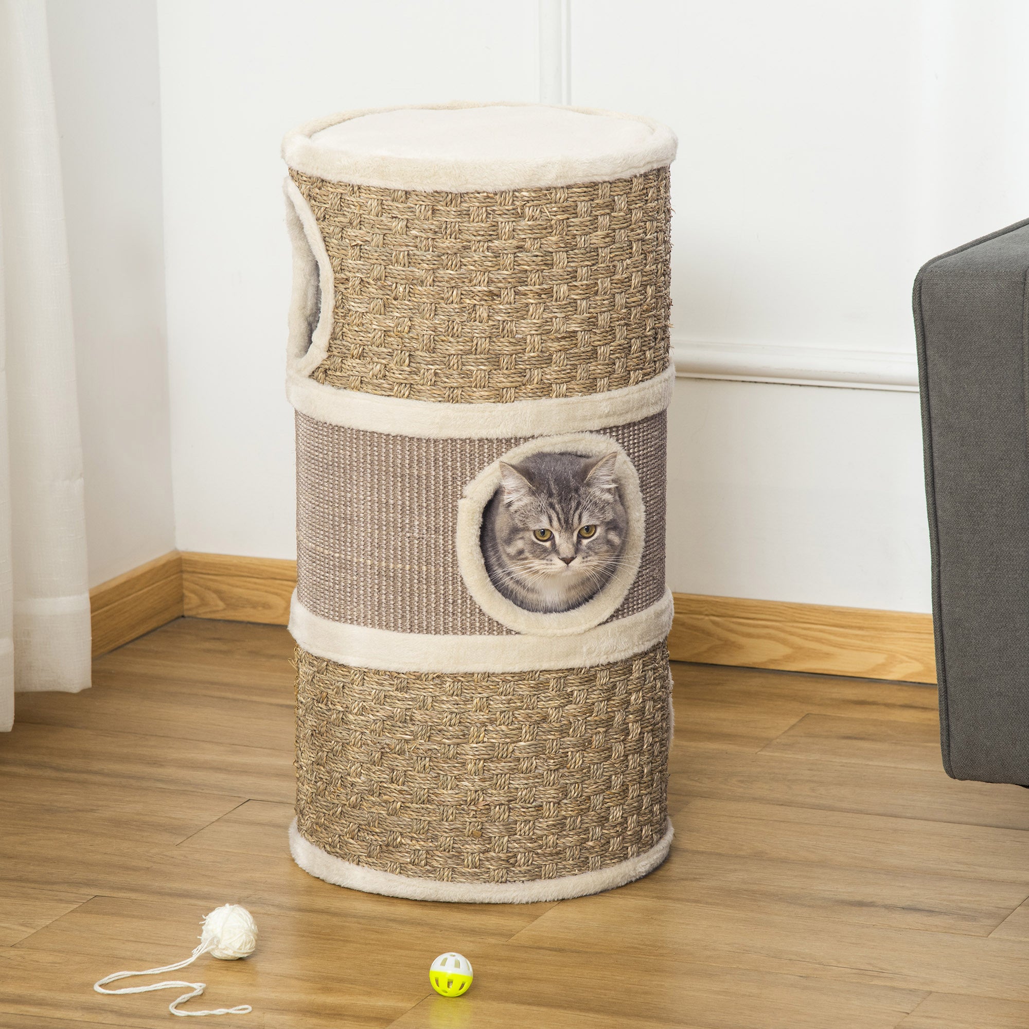 28 Inch Cat Condo, 3 Story Cat Hideaway with Sisal Scratching Pad