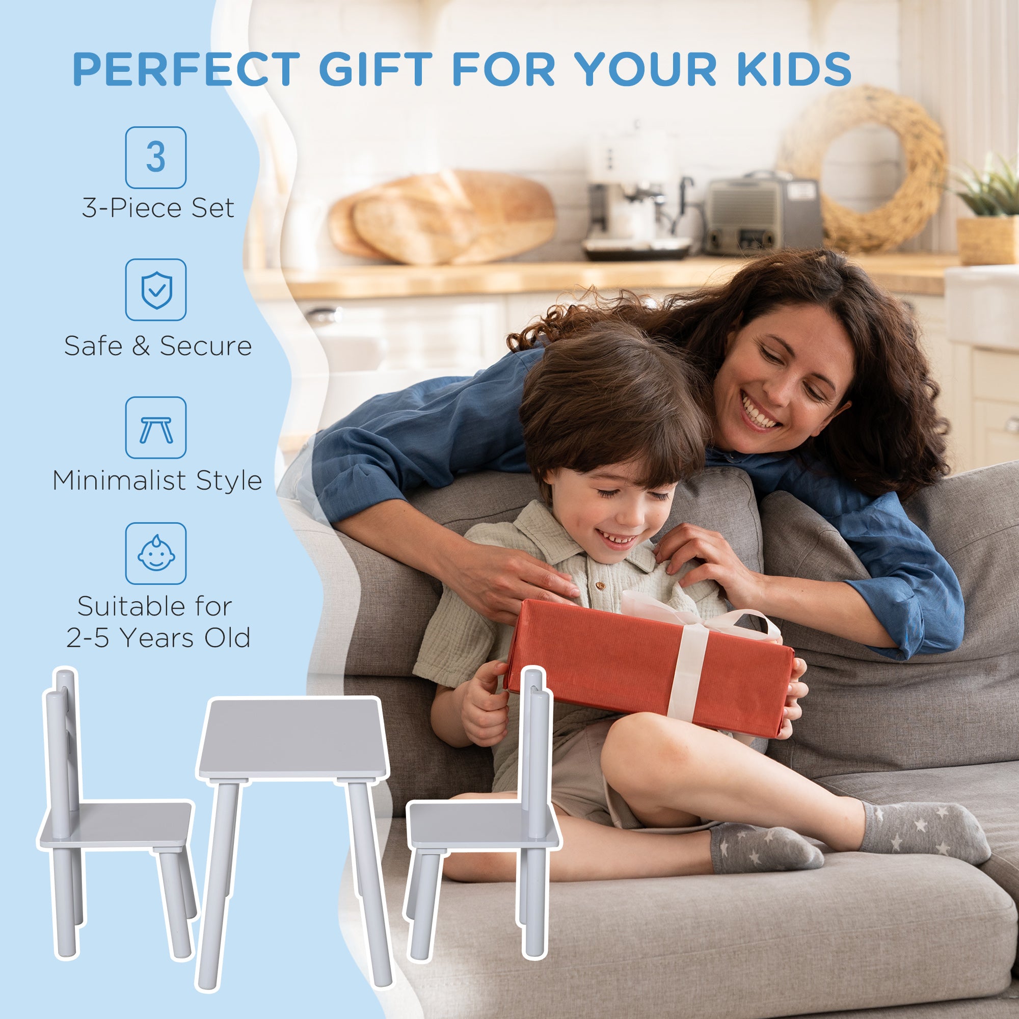 Kids Wooden Table and Chair Set, Play Activity Table for Arts, Crafts, Dinning, and Reading for Toddlers Age 2 to 5, Grey