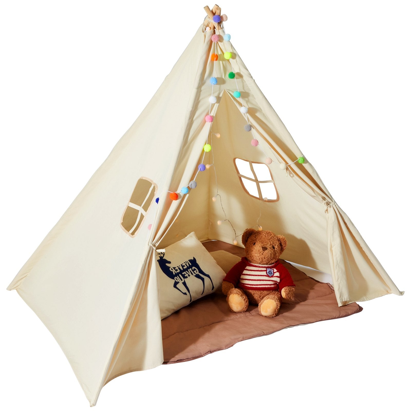 Kids Play Tent, Teepee Tent For Kids 1-5 Years Old, Tent For Kids With Windows For Indoor And Outdoor, Toddler Tent With Mat And Plush Decorative Balls, For Boys And Girls, Beige