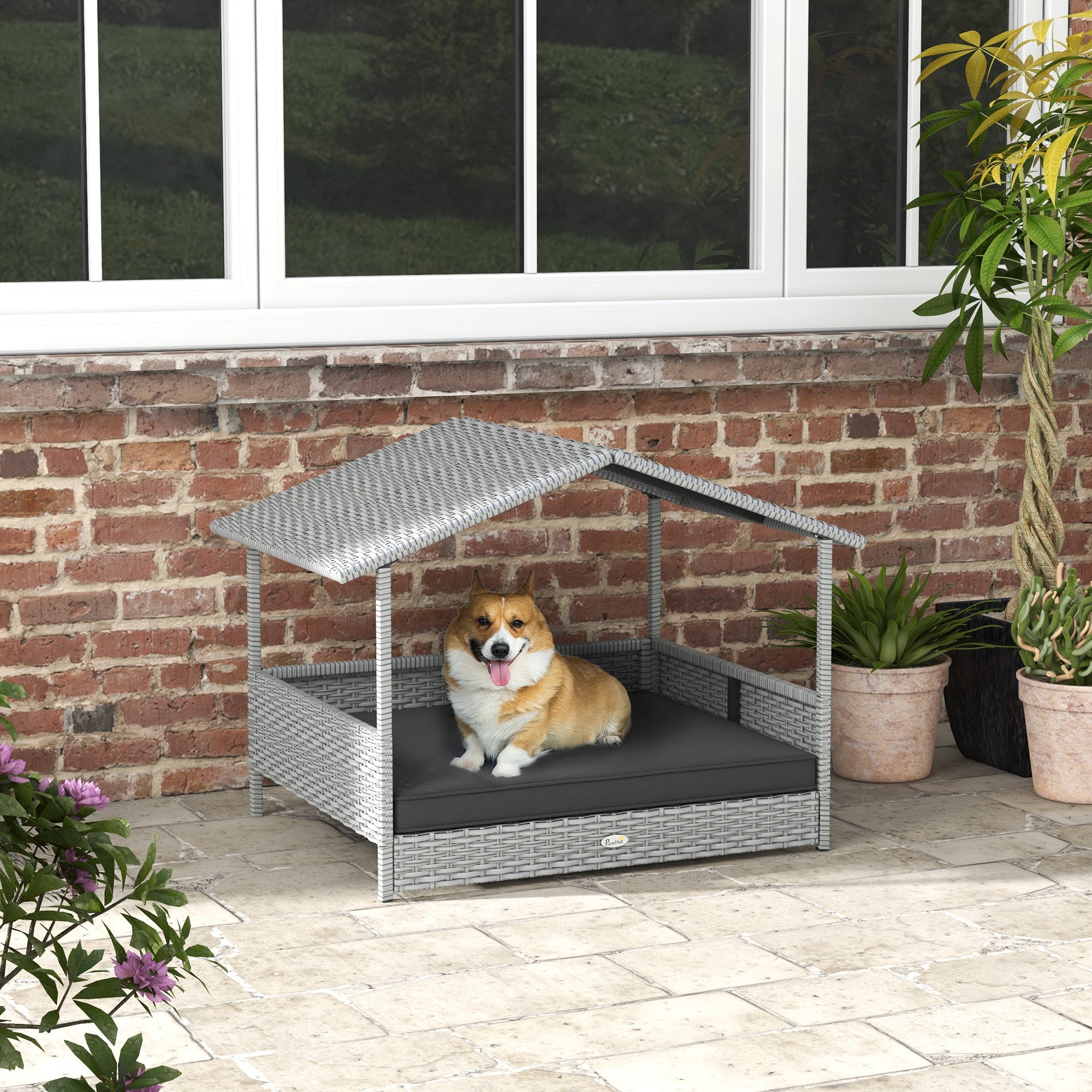 Outdoor Wicker Dog House w/ Canopy, Rattan Raised Bed, Gray Cushion