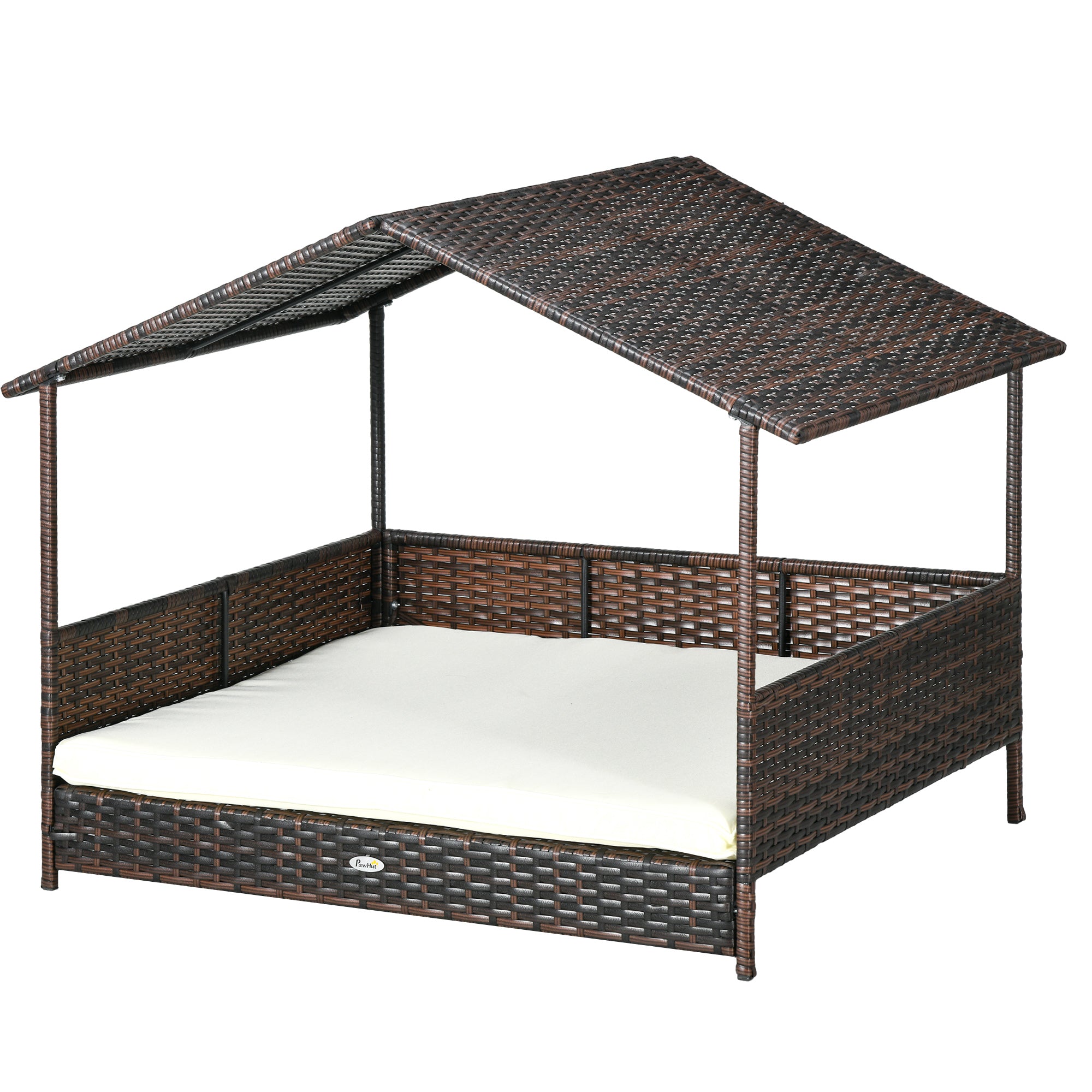 Outdoor Rattan Dog Bed with Canopy, Soft Cushion for Large Dogs, Cream White