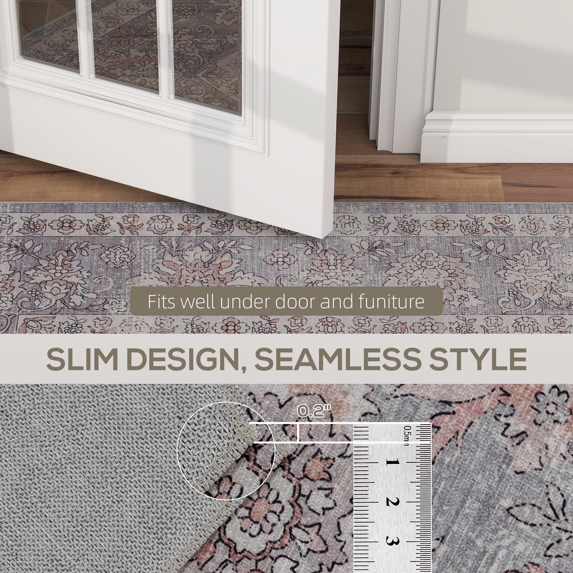 Machine Washable Area Rug 4x6, Non-Slip Traditional Flower Print Floor Carpet for Living Room, Bedroom, Grey and Brown