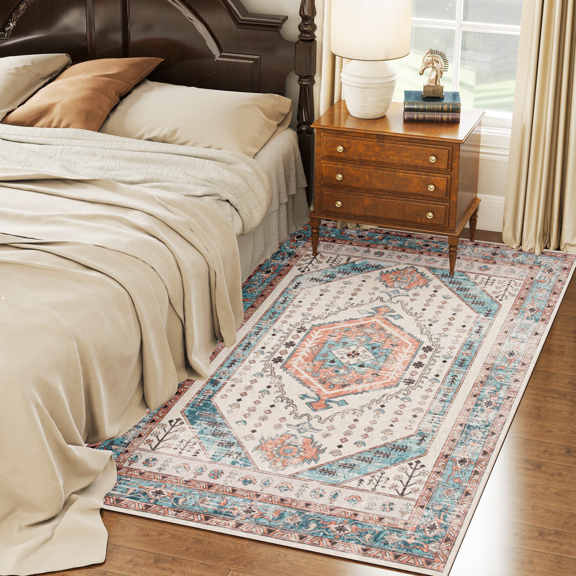 4x6 Area Rug, Vintage Machine Washable Rug, Non-Slip Floor Carpet for Living Room, Bedroom, Dining Room, Brown and Blue