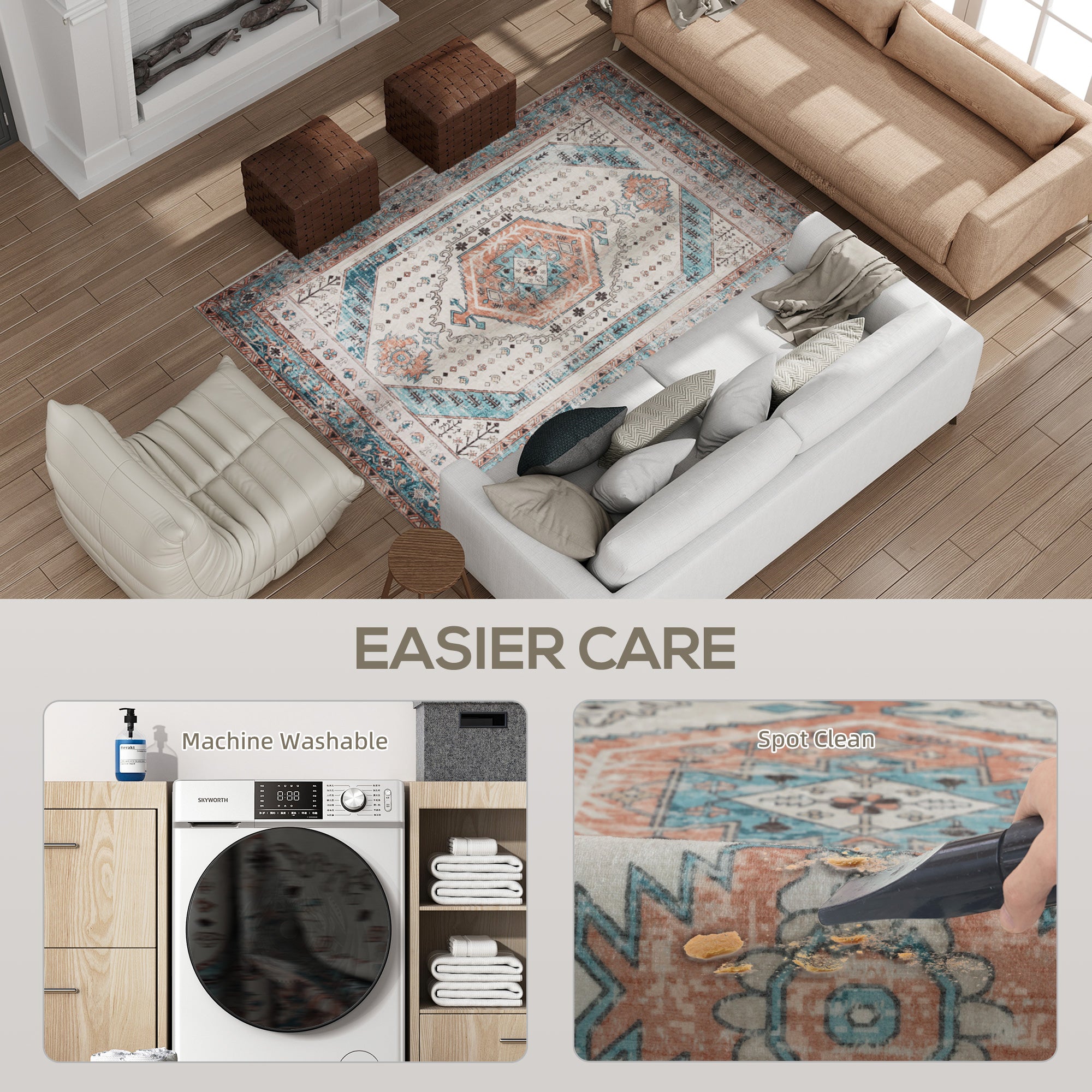 4x6 Area Rug, Vintage Machine Washable Rug, Non-Slip Floor Carpet for Living Room, Bedroom, Dining Room, Brown and Blue