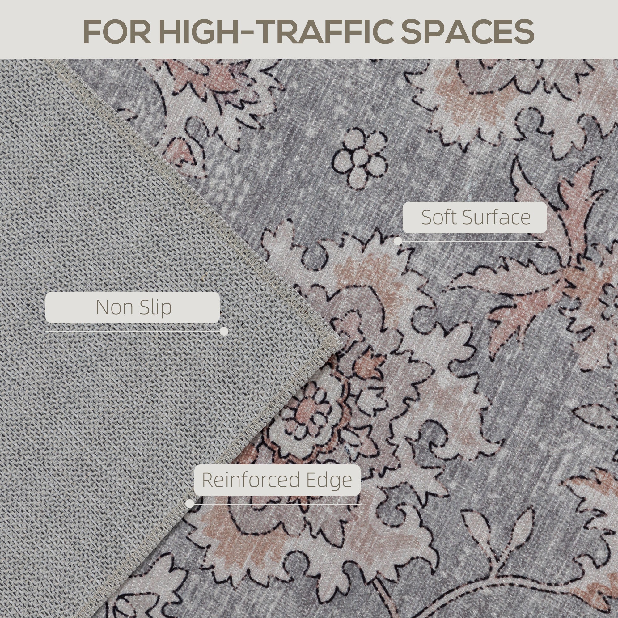 Machine Washable Area Rug 4x6, Non-Slip Traditional Flower Print Floor Carpet for Living Room, Bedroom, Grey and Brown