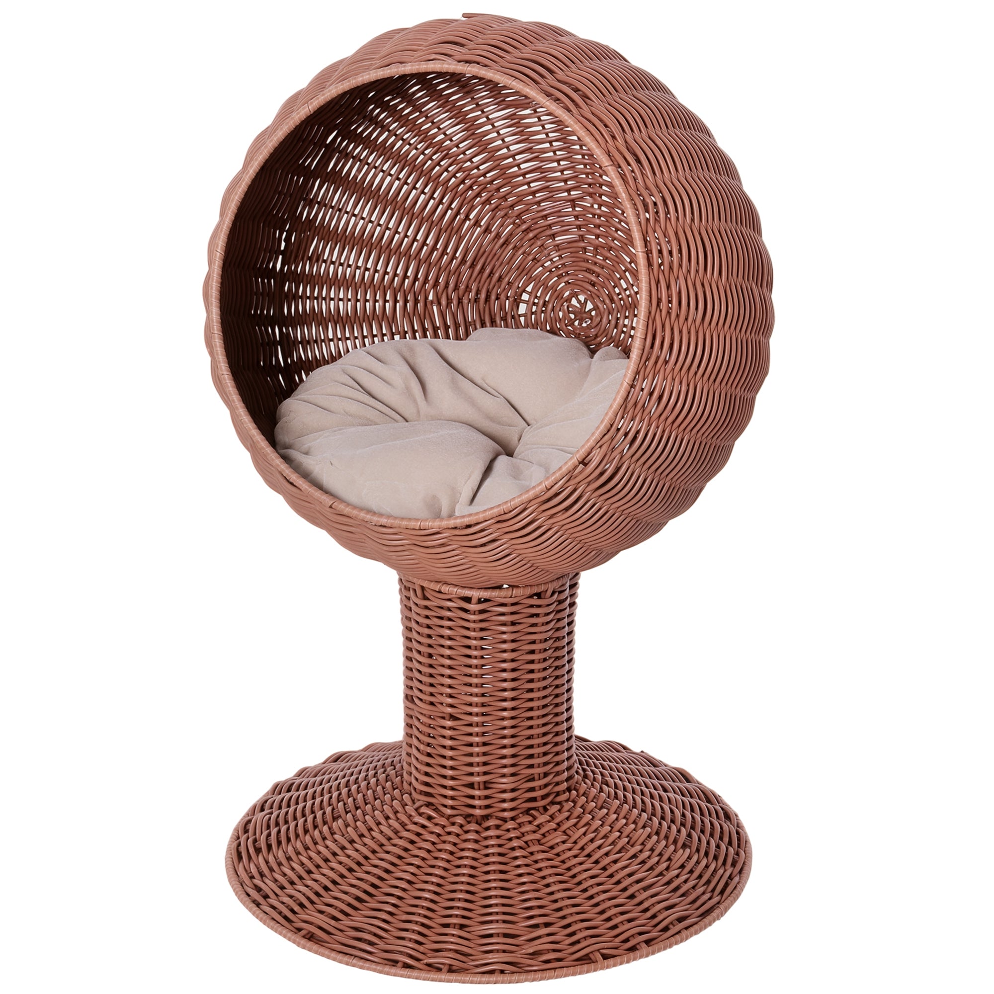 Elevated Cat Bed Egg Chair Pod, Woven Basket with Thick Cushion, Brown