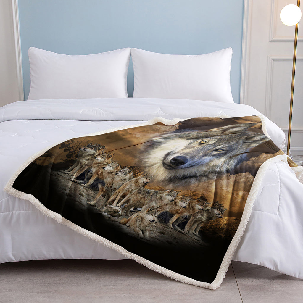 Cozy Wolf Sherpa Fleece Blanket – Soft Plush for Bed, Couch, Chair