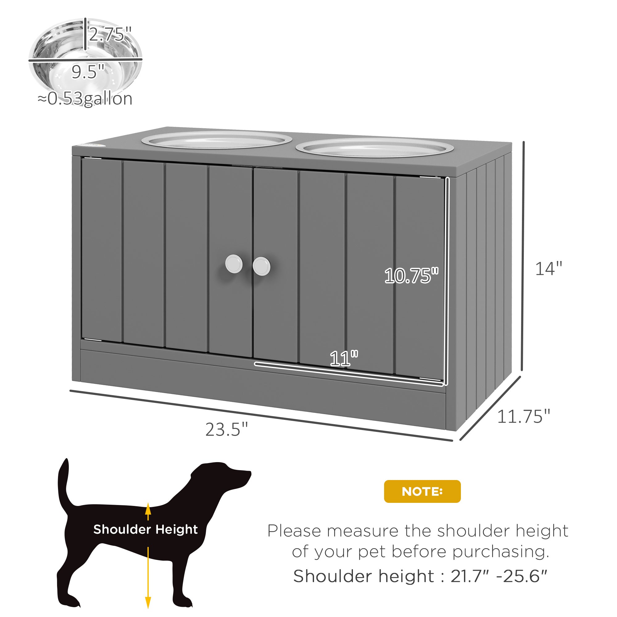 Elevated Dog Bowls with Storage Cabinet Containing Large 44L Capacity, Gray