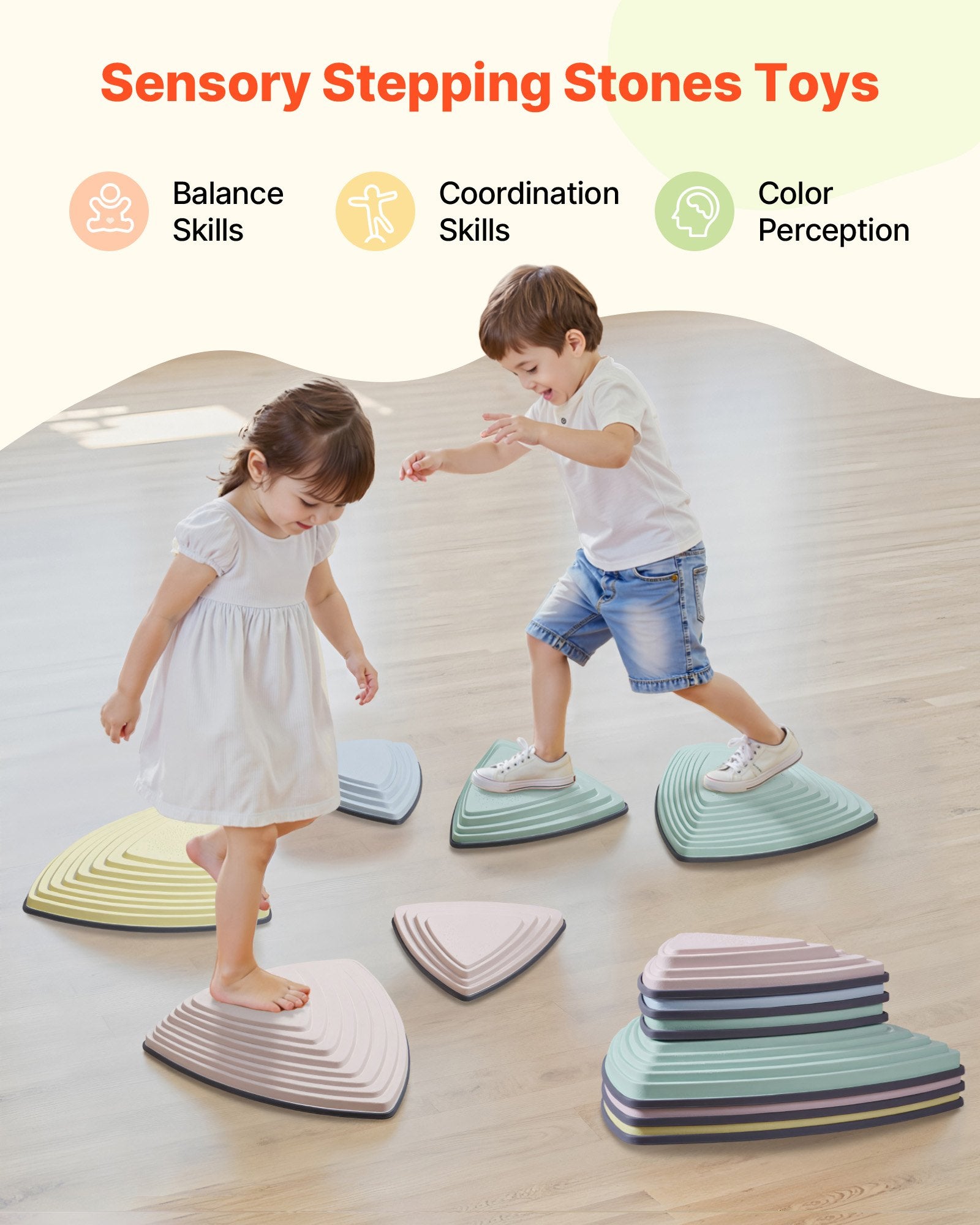 Balance Stepping Stones For Kids, 6 PCS, Up To 220 Lbs, Non-Slip Toddlers Sensory Stepping Stones, Obstacle Course Coordination Game Toys Indoor Or Outdoor Play For Children Aged 3 4 5 6 7 8+