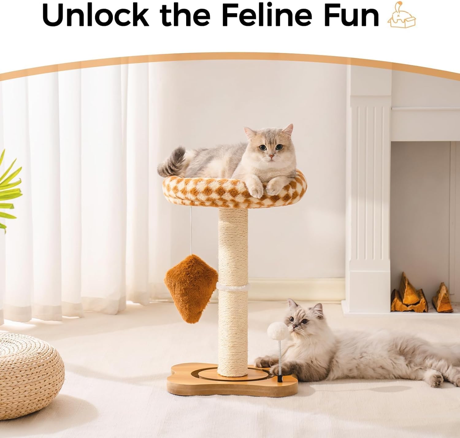 Mewoo Cat Scratching Post with Bed, Sisal Scratcher & Toys, Brown