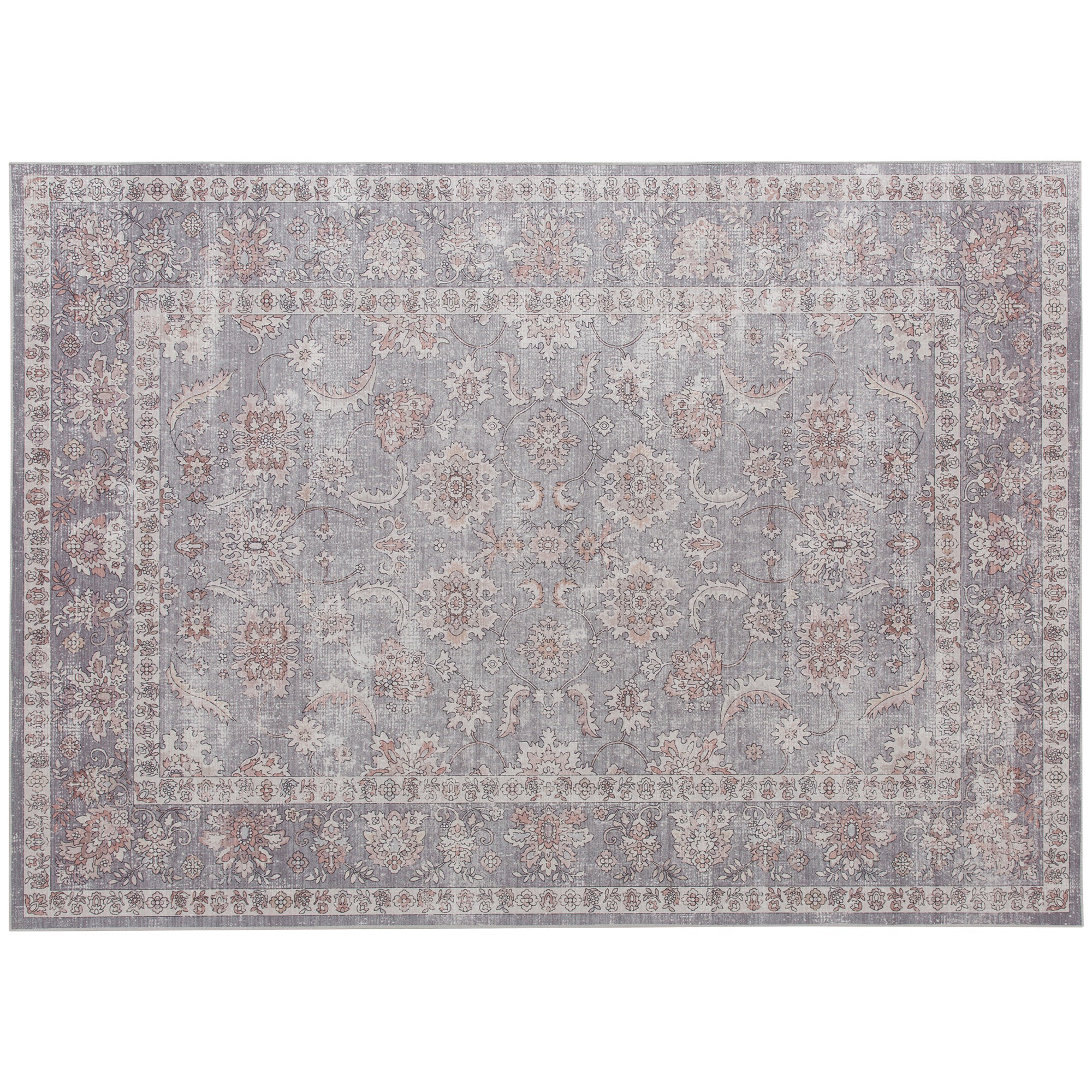 Machine Washable Area Rug 4x6, Non-Slip Traditional Flower Print Floor Carpet for Living Room, Bedroom, Grey and Brown