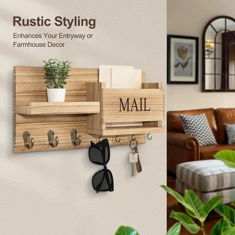 Simple Wooden Wall Mounted Keychain Mail Storage Rack Farmhouse Style Decorative Floating Shelves For Entry Bedroom Bathroom Living Room