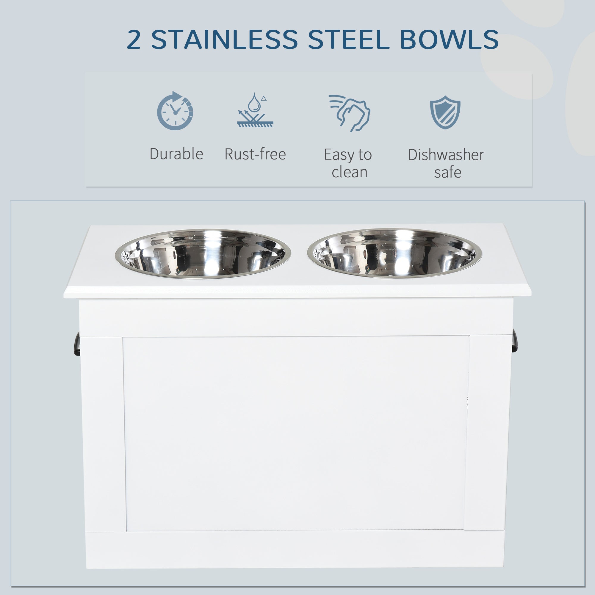 PawHut Raised Dog Bowls with Storage, 2 Stainless Steel Bowls, White