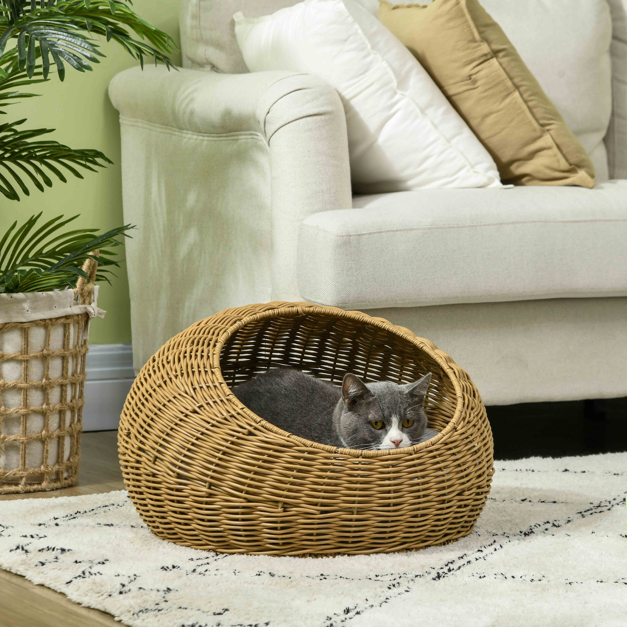 Rattan Cat Bed with Washable Cushion for Cats, Puppies, Light Brown