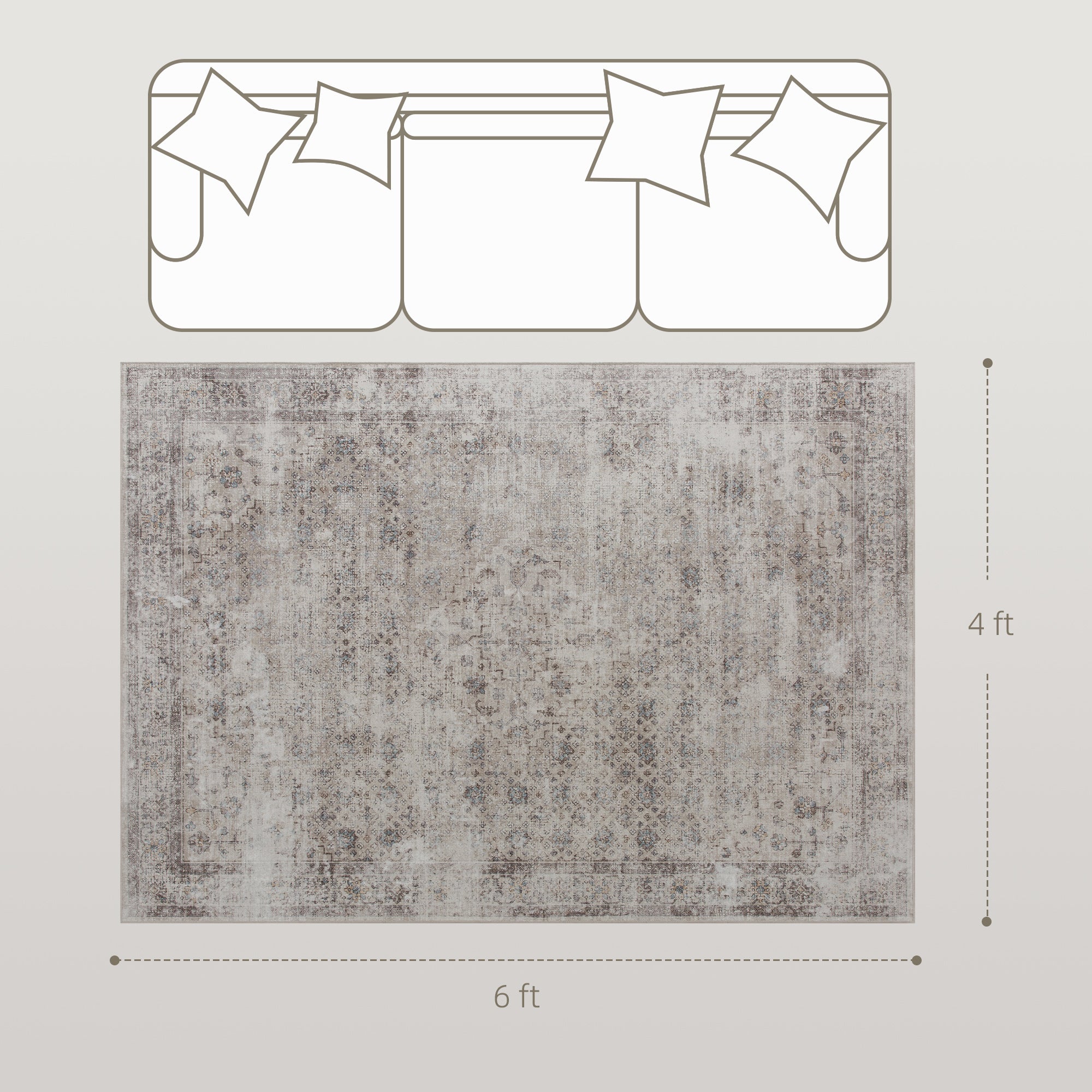 Machine Washable Area Rug 4x6, Non-Slip Traditional Floor Carpet for Living Room, Bedroom, Light Mixed-Brown