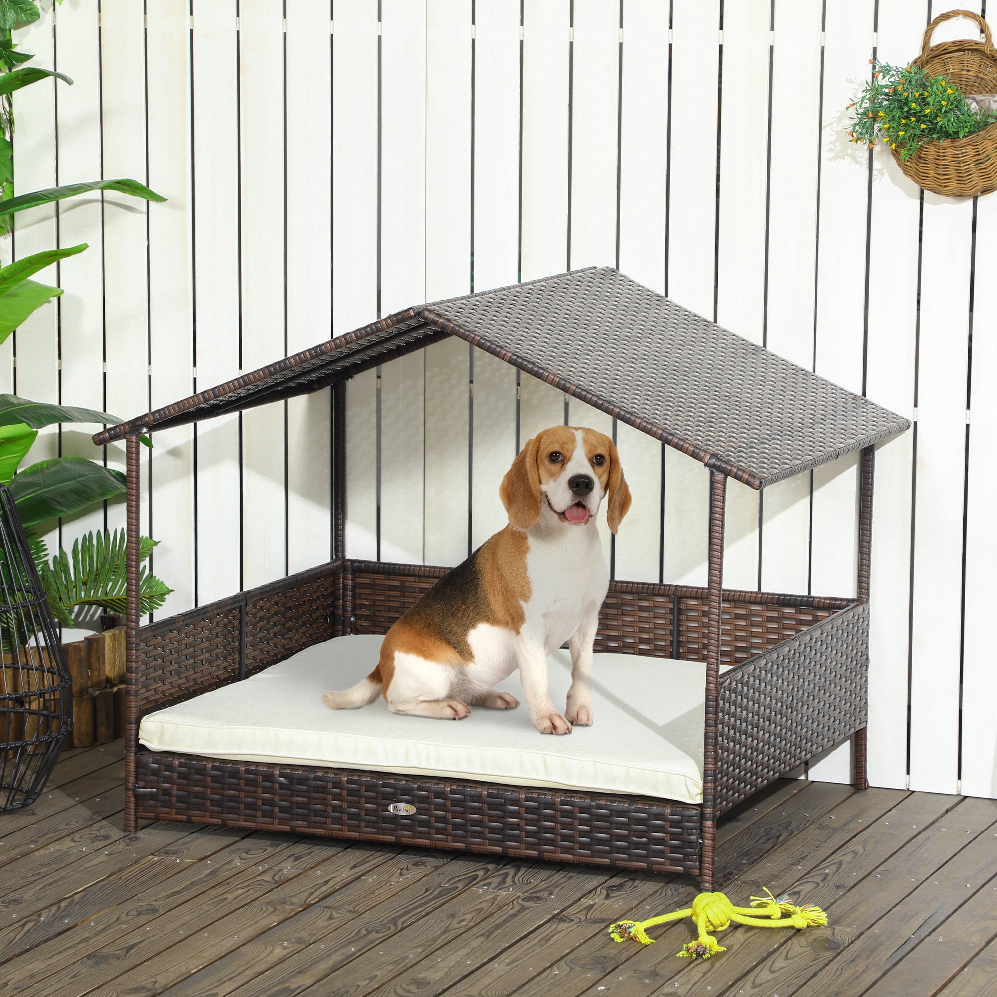 Outdoor Rattan Dog Bed with Canopy, Soft Cushion for Large Dogs, Cream White