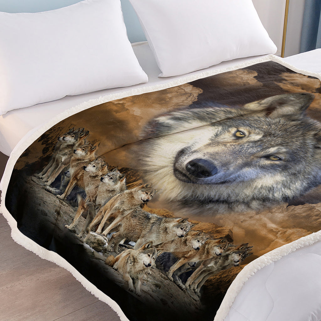 Cozy Wolf Sherpa Fleece Blanket – Soft Plush for Bed, Couch, Chair