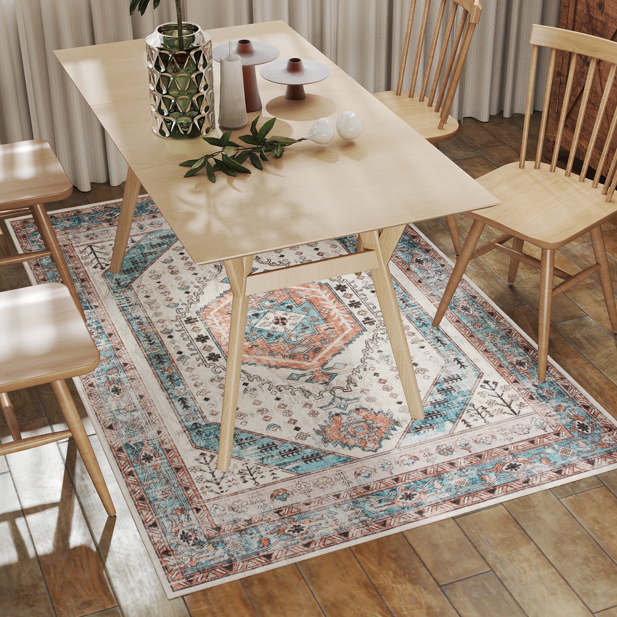 4x6 Area Rug, Vintage Machine Washable Rug, Non-Slip Floor Carpet for Living Room, Bedroom, Dining Room, Brown and Blue