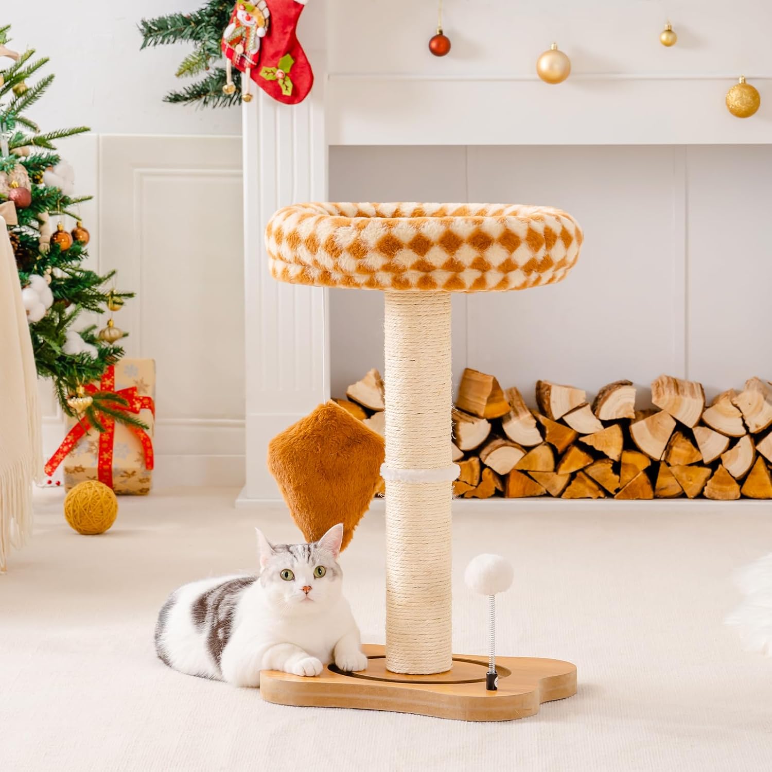 Mewoo Cat Scratching Post with Bed, Sisal Scratcher & Toys, Brown