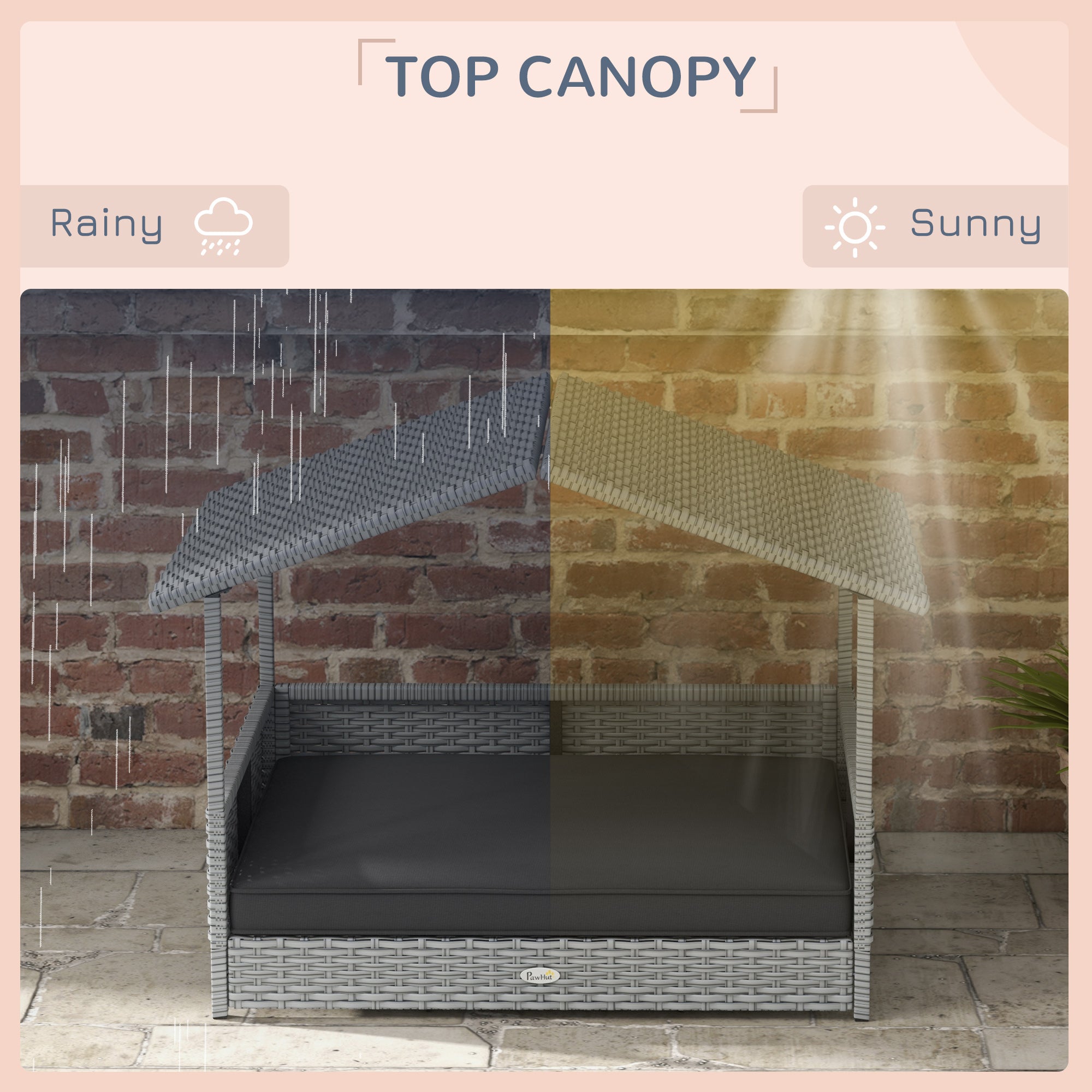 Outdoor Wicker Dog House w/ Canopy, Rattan Raised Bed, Gray Cushion